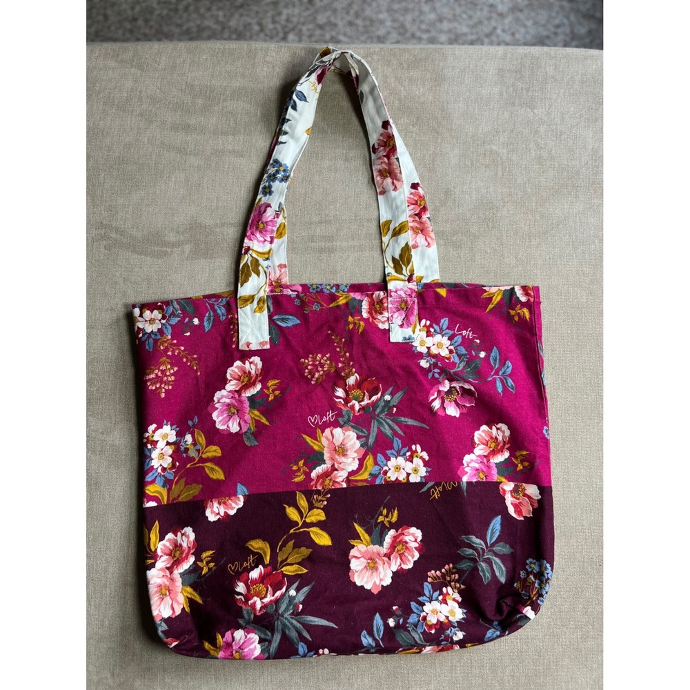 Loft Floral Canvas Tote Bag Magenta Burgundy Flower Print Shopper Handbag